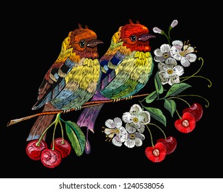 Template for clothes, textiles, t-shirt design. Embroidery birds and blossoming cherry