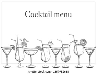 Template of the cocktail menu of the bar, restaurant cafe. Popular hand-drawn cocktails on a white background. Vector illustration