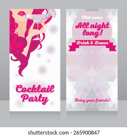 template for cocktail party with beautiful girl drinking margarita, can be used for white party or ladies night, vector illustration