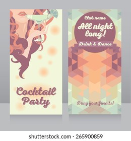 template for cocktail party with beautiful girl drinking margarita, can be used for summer beach party or ladies night, vector illustration