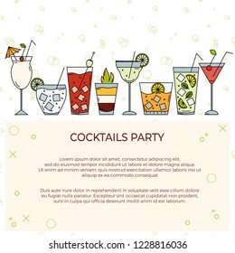 Template for cocktail party invitation. or bar menu with different cocktails in thin line and place for text