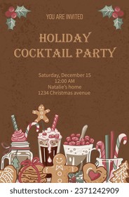 Template for cocktails party, winter holidays invitation with hot drinks and cookies. Place for text. Vector illustration.