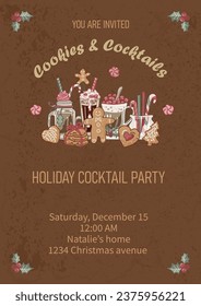 Template for cocktails party, winter holidays invitation with hot drinks and cookies. Place for text. Vector illustration.
