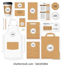 Template of coffee house corporate identity design set with memphis geometric pattern. Restaurant cafe set card, flier, menu, package, uniform design set. Vector Illustration