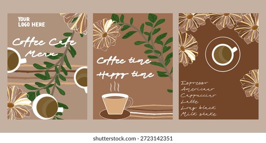 Modelo para um menu de café em um projeto marrom e tom de terra. Decoração do menu da cafeteria. Ilustração vetorial desenhada à mão, ideias para cartazes de menu, cartões, brochuras, panfletos, convites ou folhetos.