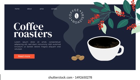 Template  for coffee roasters website. Vector illustration with espresso, fresh roasted coffee beans and plant. Design for banner, landing page, web page, blog post, booklet, prints, flyer, background