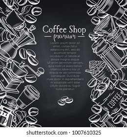 Template coffee shop page design with sketch cups, hot drinks, French press, brewer for menu cafe. Chalkboard style.