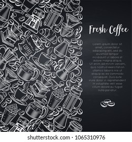 Template coffee shop page design with cups, hot drinks, French press, brewer for menu cafe. Chalkboard style.