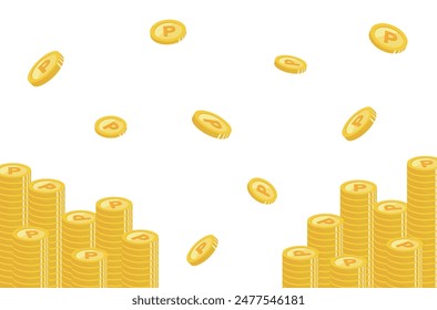 Template for coins and points background material.　Recommended for point redemption banners and web ad frames. Illustration of a pile of money.