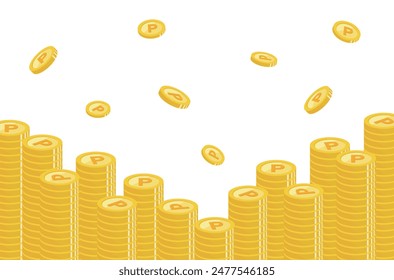 Template for coins and points background material.　Recommended for point redemption banners and web ad frames. Illustration of a pile of money.