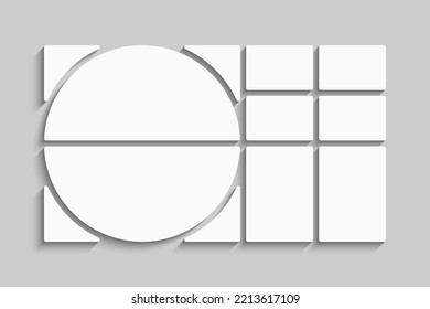 Template collage of eight frames, photos, pictures, illustrations, images. Vector frame for picture, presentation. Simple collage with 8 parts for photo album. Modern minimalist mockup for photo