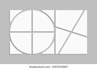 Template collage of eight frames, photos, pictures, illustrations, images. Vector frame for picture, presentation. Simple collage with 8 parts for photo album. Modern minimalist mockup for photo