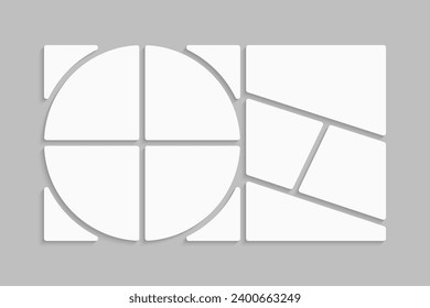Template collage of eight frames, photos, pictures, illustrations, images. Vector frame for picture, presentation. Simple collage with 8 parts for photo album. Modern minimalist mockup for photo