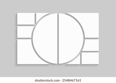 Template collage of eight frames, photos, pictures, illustrations, images. Vector frame for picture, presentation. Simple collage with 8 parts for photo album. Modern minimalist mockup for photo
