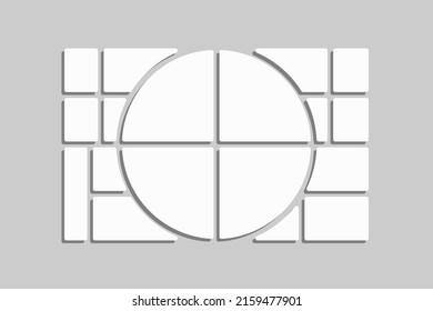 Template collage of eighteen frames, photos, pictures, illustrations, images. Vector frame for picture, presentation. Simple collage with 18 parts for photo album. Modern minimalist mockup for photo