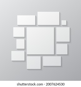 Template collage of eleven frames, photos, pictures, illustrations, images. Vector frame for picture, presentation. Simple collage with 11 parts for photo album. Modern minimalist mockup for photo