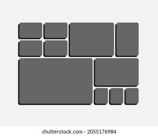Template collage of eleven frames, photos, pictures, illustrations, images. Vector frame for picture, presentation. Simple collage with 11 parts for photo album. Modern minimalist mockup for photo