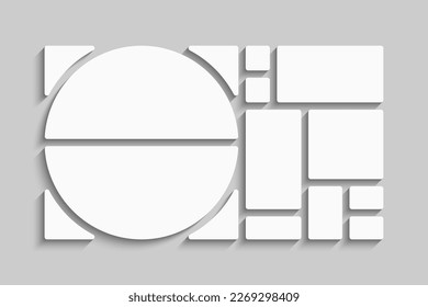 Template collage of eleven frames, photos, pictures, illustrations, images. Vector frame for picture, presentation. Simple collage with 11 parts for photo album. Modern minimalist mockup for photo