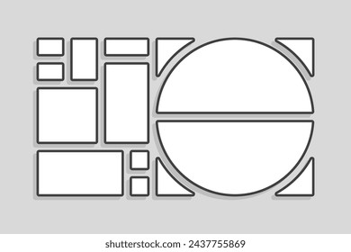 Plantilla collage de once marcos, fotos, imágenes, ilustraciones, imágenes. Marco vectorial para la imagen, presentación. Simple collage con 11 partes para álbum de fotos. Maqueta minimalista moderna para la foto