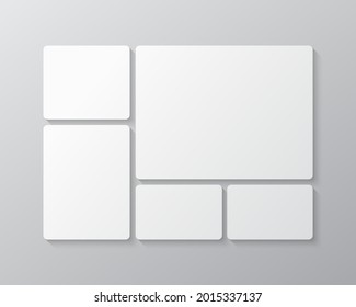 Template collage of five frames, photos, pictures, illustrations, images. Vector frame for picture, presentation. Simple collage with 5 parts for photo album. Modern minimalist mockup for photo