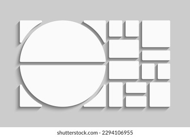 Template collage of fourteen frames, photos, pictures, illustrations, images. Vector frame for picture, presentation. Simple collage with 14 parts for photo album. Modern minimalist mockup for photo