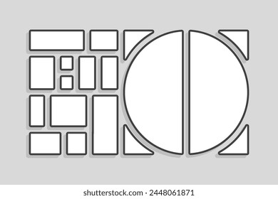 Template collage of fourteen frames, photos, pictures, illustrations, images. Vector frame for picture, presentation. Simple collage with 14 parts for photo album. Modern minimalist mockup for photo