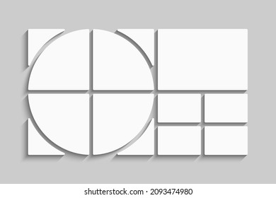 Template collage of nine frames, photos, pictures, illustrations, images. Vector frame for picture, presentation. Simple collage with 9 parts for photo album. Modern minimalist mockup for photo