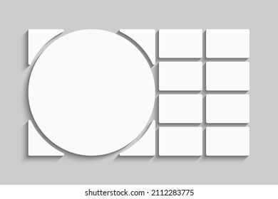 Template collage of nine frames, photos, pictures, illustrations, images. Vector frame for picture, presentation. Simple collage with 9 parts for photo album. Modern minimalist mockup for photo