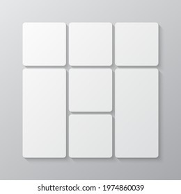 Template collage of seven frames, photos, pictures, illustrations, images. Vector frame for picture, presentation. Simple collage with 7 parts for photo album. Modern minimalist mockup for photo