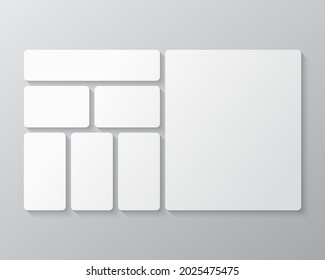 Template collage of seven frames, photos, pictures, illustrations, images. Vector frame for picture, presentation. Simple collage with 7 parts for photo album. Modern minimalist mockup for photo