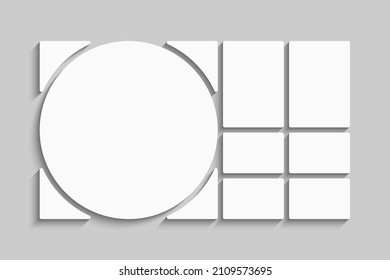 Template collage of seven frames, photos, pictures, illustrations, images. Vector frame for picture, presentation. Simple collage with 7 parts for photo album. Modern minimalist mockup for photo