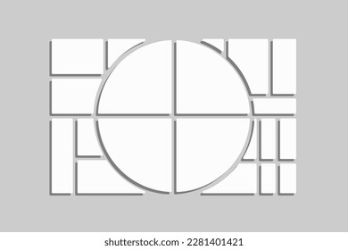 Template collage of seventeen frames, photos, pictures, illustrations, images. Vector frame for picture, presentation. Simple collage with 17 parts for photo album. Modern minimalist mockup for photo