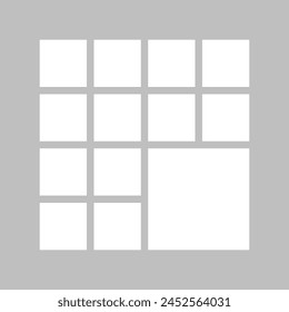 Template collage of seventeen frames, photos, pictures, illustrations, images. Vector frame for picture, presentation. Simple collage with 17 parts for photo album. Modern minimalist mockup for photo