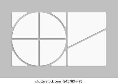 Template collage of six frames, photos, pictures, illustrations, images. Vector frame for picture, presentation. Simple collage with 6 parts for photo album. Modern minimalist mockup for photo