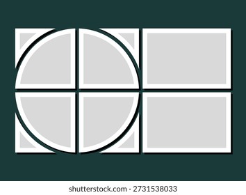 Template collage of six frames, photos, pictures, illustrations, images. Vector frame for picture, presentation. Simple collage with 6 parts for photo album. Modern minimalist mockup for photo