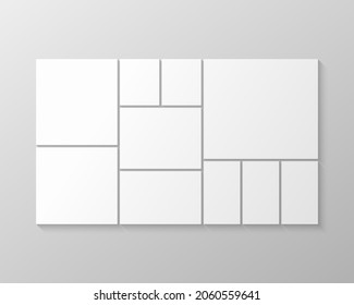 Template collage of ten frames, photos, pictures, illustrations, images. Vector frame for picture, presentation. Simple collage with 10 parts for photo album. Modern minimalist mockup for photo