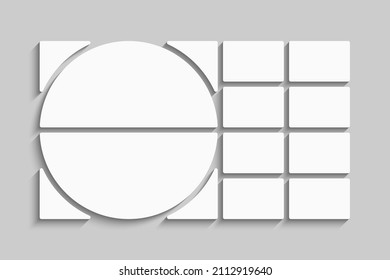 Template collage of ten frames, photos, pictures, illustrations, images. Vector frame for picture, presentation. Simple collage with 10 parts for photo album. Modern minimalist mockup for photo