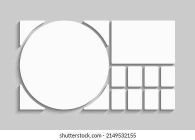 Template collage of ten frames, photos, pictures, illustrations, images. Vector frame for picture, presentation. Simple collage with 10 parts for photo album. Modern minimalist mockup for photo