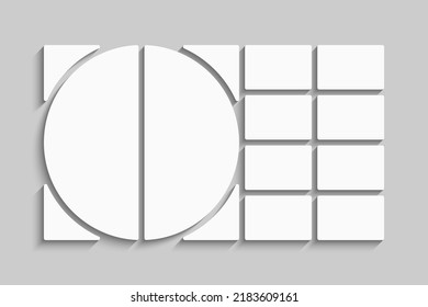 Template collage of ten frames, photos, pictures, illustrations, images. Vector frame for picture, presentation. Simple collage with 10 parts for photo album. Modern minimalist mockup for photo