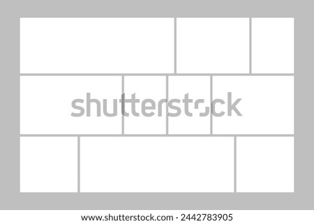 Template collage of ten frames, photos, pictures, illustrations, images. Vector frame for picture, presentation. Simple collage with 10 parts for photo album. Modern minimalist mockup for photo