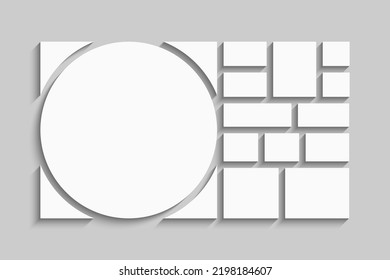 Template collage of thirteen frames, photos, pictures, illustrations, images. Vector frame for picture, presentation. Simple collage with 13 parts for photo album. Modern minimalist mockup for photo