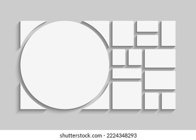 Vorlagensammlung von dreizehn Bildern, Fotos, Bildern, Illustrationen und Bildern. Vektorrahmen für Bild, Präsentation. Einfache Collage mit 13 Teilen für Fotoalbum. Modernes minimalistisches Motiv für Foto