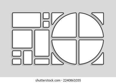 Template collage of thirteen frames, photos, pictures, illustrations, images. Vector frame for picture, presentation. Simple collage with 13 parts for photo album. Modern minimalist mockup for photo