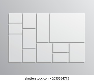 Template collage of twelve frames, photos, pictures, illustrations, images. Vector frame for picture, presentation. Simple collage with 12 parts for photo album. Modern minimalist mockup for photo