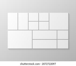 Template collage of twelve frames, photos, pictures, illustrations, images. Vector frame for picture, presentation. Simple collage with 12 parts for photo album. Modern minimalist mockup for photo