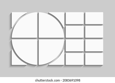 Template collage of twelve frames, photos, pictures, illustrations, images. Vector frame for picture, presentation. Simple collage with 12 parts for photo album. Modern minimalist mockup for photo