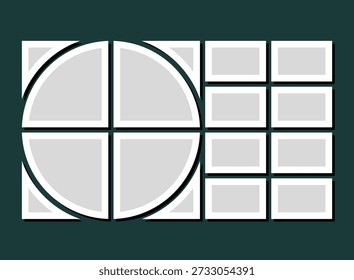 Template collage of twelve frames, photos, pictures, illustrations, images. Vector frame for picture, presentation. Simple collage with 12 parts for photo album. Modern minimalist mockup for photo