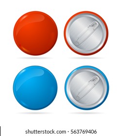 Template Color Blank Circle Button Badge Pin Set Front And Back Side Empty Mock Up. Vector Illustration