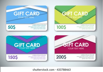 Template color gift cards, face value 50, 100, 150 and 200 dollars. Style of the material design. Vector illustration. Set