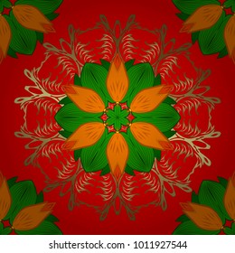Template Colored mandala vector circle of zentangle hand drawn on red, green and orange colors.